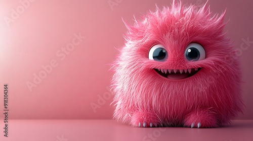 3D pink fuzzy monster with big eyes and a big smile on pink background AI Generated