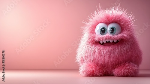 3D Rendered fuzzy pink monster with big eyes and a big smile on pink background AI Generated