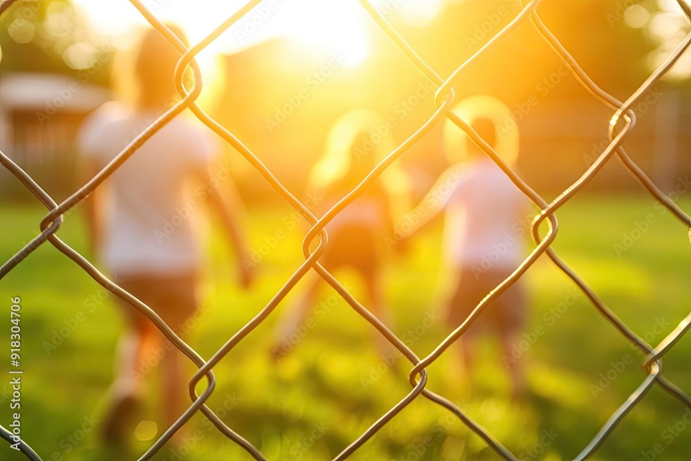 Fototapeta premium Family playing in a yard, symbolizing boundaries and safety.
