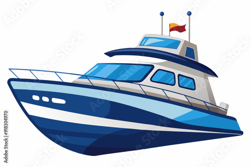 Blue and White Motorboat with Flag