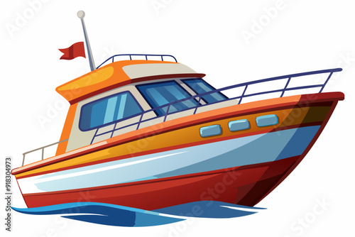 Cartoon Illustration of an Orange and Red Motorboat in the Water