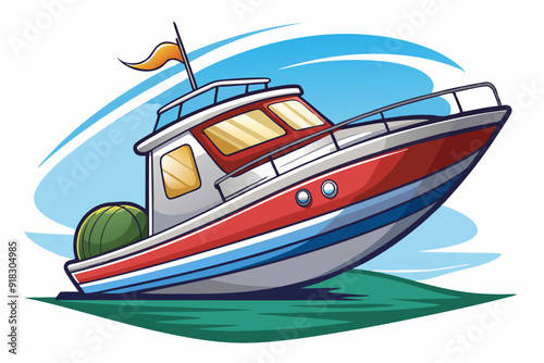 Cartoon Illustration of a Red and White Boat with a Green Watermelon on Deck