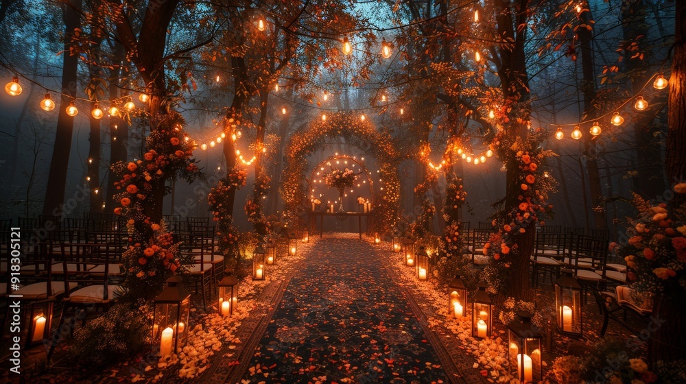 Obraz premium woodland-inspired wedding backdrop with tall trees and hanging lanterns creating a magical forest atmosphere 