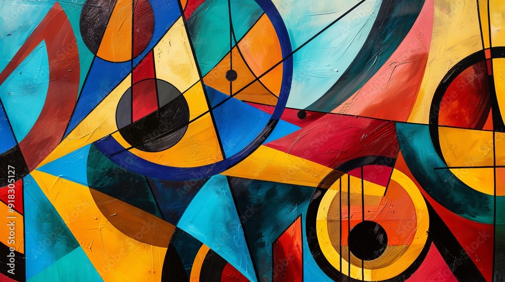 Fototapeta premium Abstract painting with vibrant colors featuring geometric shapes and musical elements