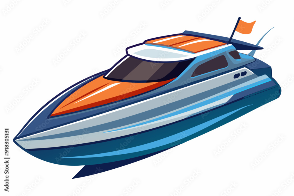 Naklejka premium A Blue and Orange Speedboat with a Flag