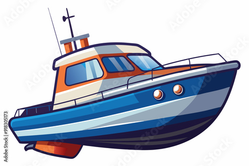 Cartoon illustration of a blue and orange boat with a white background