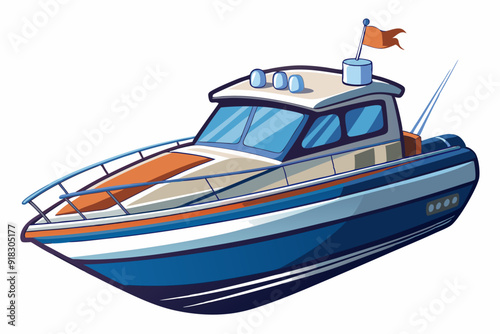Cartoon Illustration of a Blue and White Motorboat with a Red Flag