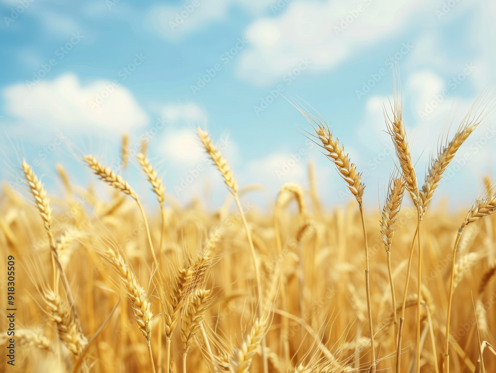 Wheat field with a blue sky and clouds in the background Wheat field with a blue sky and clouds in the background