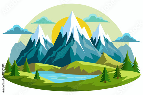 Mountain Range Landscape with Lake and Pine Trees