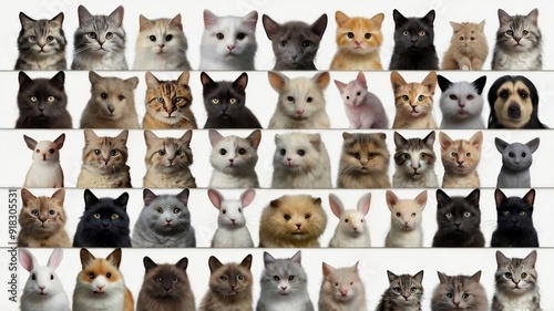 A collage featuring a variety of animals sitting against a white background, including a fish, turtle, chinchilla, ferret, cat, parrot, rabbit, hamster, and raccoon. 