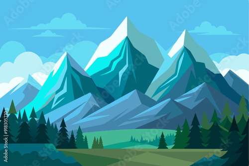 A Detailed Illustration of Majestic Mountains with a Forest in the Foreground