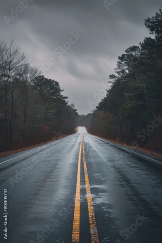 Empty wet asphalt road with double yellow lines stretching through a pine forest under a cloudy overcast sky.