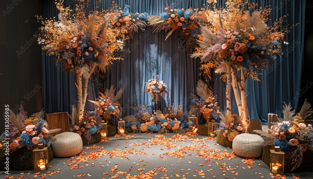 Woodland-inspired wedding backdrop with towering trees and rustic decorations Woodland-inspired wedding backdrop with towering trees and rustic decorations