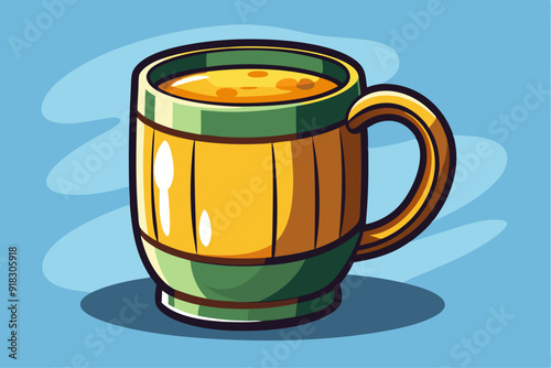 A cartoon illustration of a yellow and green mug filled with a golden liquid.