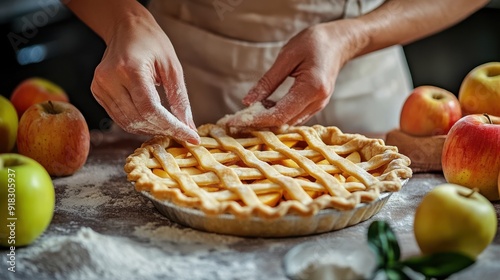 Hands making apple pie on rustic wooden table, cozy home cooking, natural lighting, warm tones