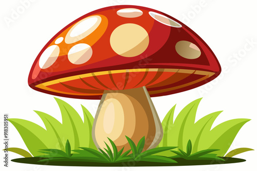 Red Mushroom with White Spots Growing in Green Grass