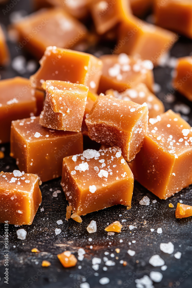 The texture background of salted caramel pieces with grains of salt. Classic flavor The texture background of salted caramel pieces with grains of salt. Classic flavor