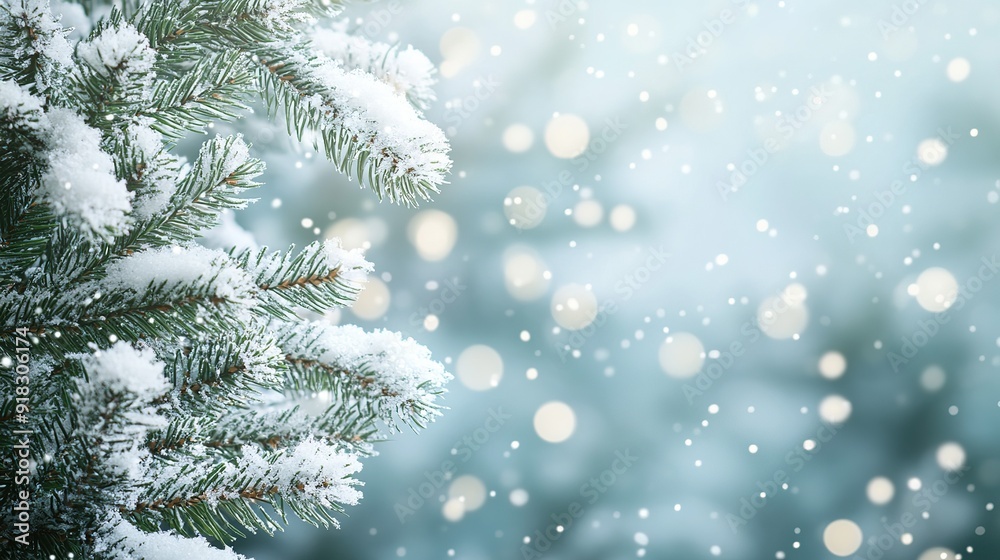 Snow-Covered Pine Branch with Blurred Bokeh Background Snow-Covered Pine Branch with Blurred Bokeh Background