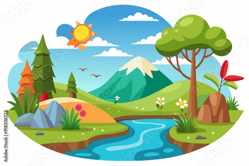 Cartoon Landscape with River, Mountain, Trees, and Sun