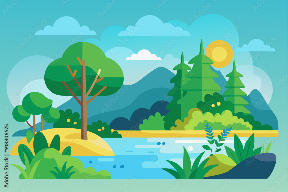 Fototapeta premium Lush Green Landscape with River, Mountains, and Sun