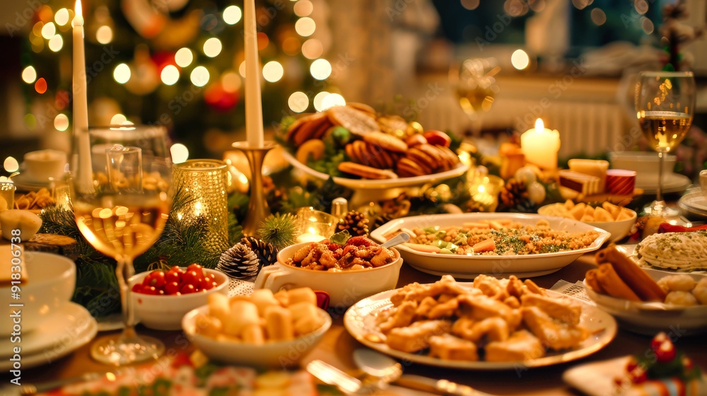 A close-up view of a Christmas dinner table laden with delicious food, surrounded by warm candlelight and a festive backdrop A close-up view of a Christmas dinner table laden with delicious food, surrounded by warm candlelight and a festive backdrop