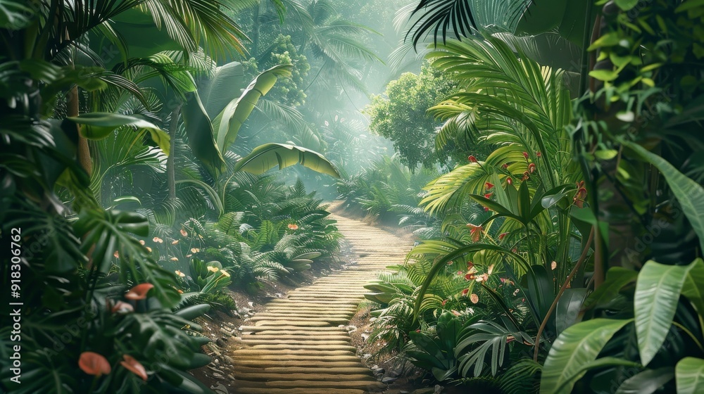 Lush tropical jungle pathway under a misty sky during early morning light Lush tropical jungle pathway under a misty sky during early morning light