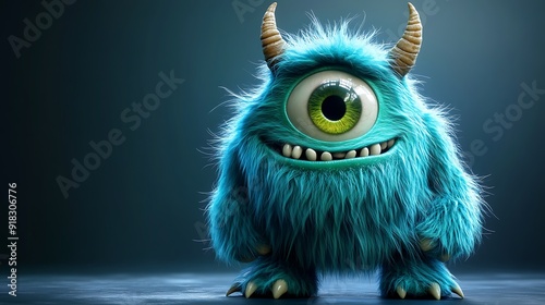 3D blue monster with green eye Monster in the dark background AI Generated