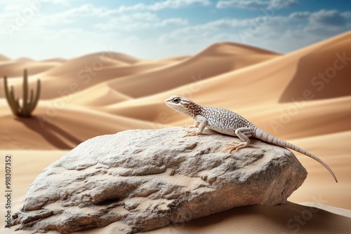 Lizard basking on a rock in a sandy desert. photo