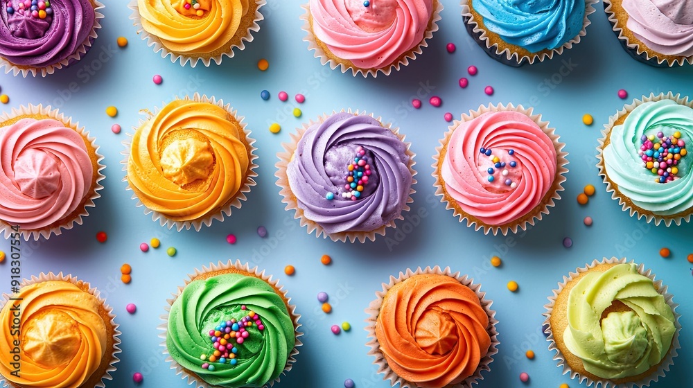 A colorful array of cupcakes with icing and sprinkles, space for copy A colorful array of cupcakes with icing and sprinkles, space for copy