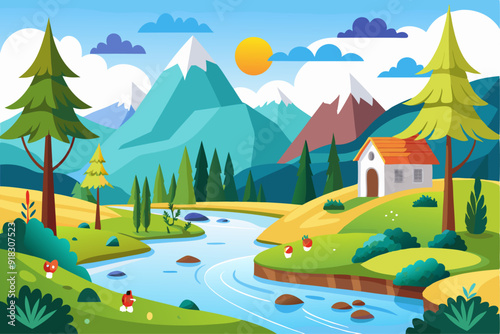 A picturesque scene of a winding river amidst mountains, trees, and a small cottage.