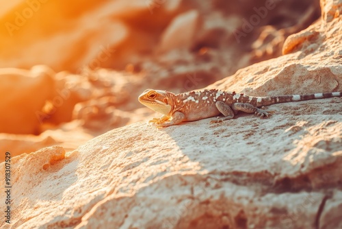 Lizard basking on a rock in a sandy desert. photo