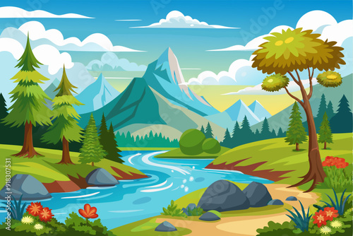 A Serene Mountain River Landscape with Lush Greenery and Blue Sky