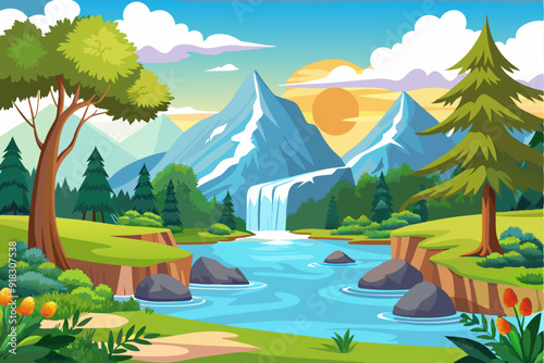 Mountainous Landscape with Waterfall, River, and Lush Greenery