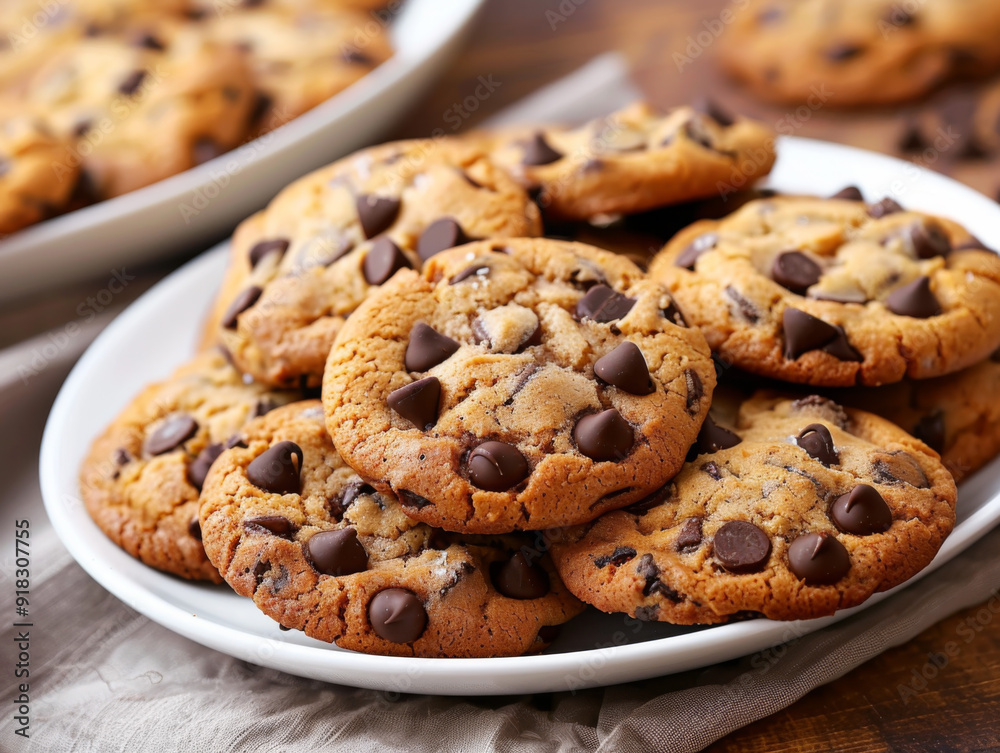 Close-up of a Stack of Soft and Chewy Chocolate Chip Cookies on a White Plate Close-up of a Stack of Soft and Chewy Chocolate Chip Cookies on a White Plate