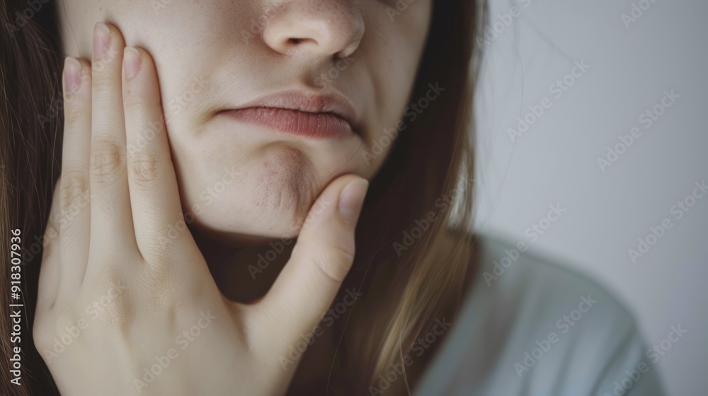 A person with their hand on their jaw, indicating pain. A person with their hand on their jaw, indicating pain.