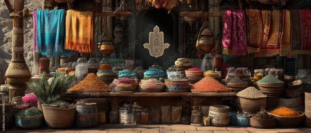 Hamsa Hand Desert Market Judaism, Islam Religion Spiritual Symbol - Generative AI