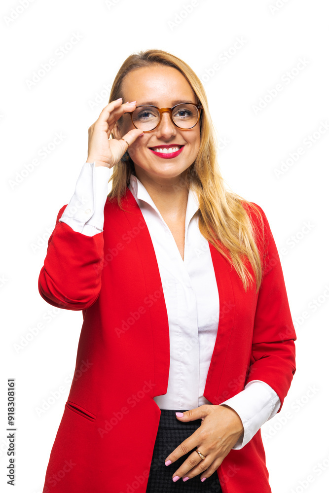 Confident businesswoman in red blazer with glasses smiling on white background Confident businesswoman in red blazer with glasses smiling on white background