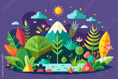 Abstract Landscape Illustration with Mountain, Plants, and Water