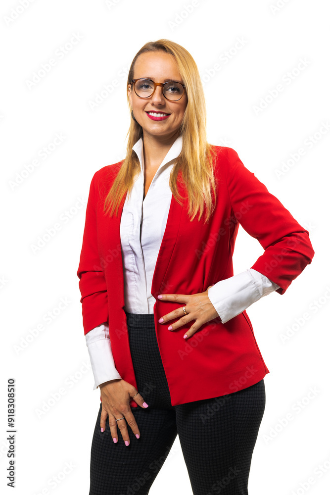 Confident business woman in red blazer posing with a smile, isolated on white background Confident business woman in red blazer posing with a smile, isolated on white background