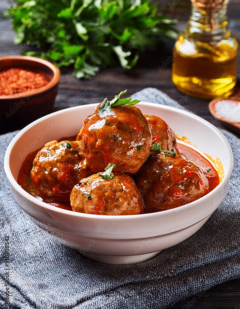 Baked meatballs are coated in a sweet and spicy honey chipotle sauce closeup on the bowl on the table. Baked meatballs are coated in a sweet and spicy honey chipotle sauce closeup on the bowl on the table.