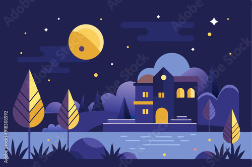 Nighttime Landscape with a House by a Lake