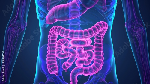 Diagram showing the intestines in the digestive system.