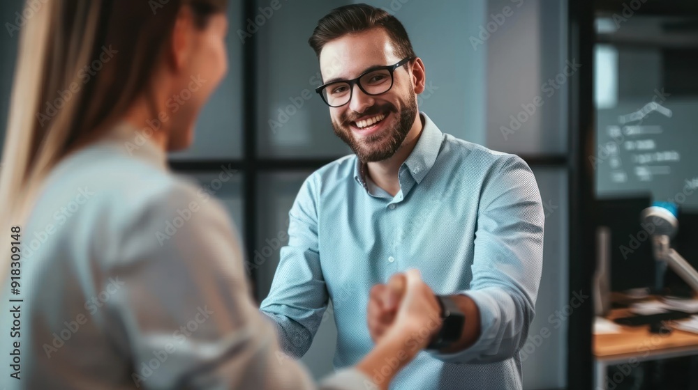 Fototapeta premium Interviewer and candidate smiling while shaking hands.