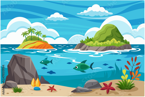 Tropical Island Scene with Palm Trees, Rocks, and Fish