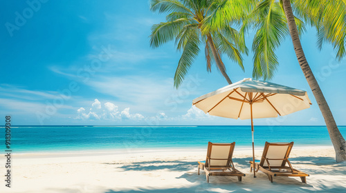 Beautiful beach landscape, Tropical nature scene, Palm trees and blue sky, Summer holiday and vacation concept, Vacation holidays background wallpaper, two beach lounge chairs under tent on beach