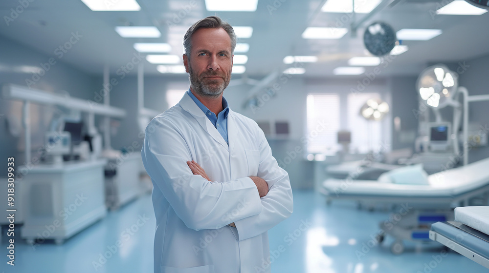 Confident doctor standing in modern hospital operating room Confident doctor standing in modern hospital operating room