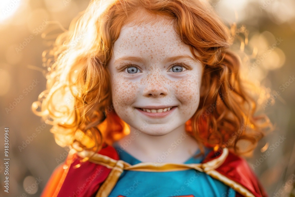 A cheerful young girl with curly red hair and freckles, wearing a colorful superhero cape, smiling brightly against a warm, glowing outdoor background A cheerful young girl with curly red hair and freckles, wearing a colorful superhero cape, smiling brightly against a warm, glowing outdoor background