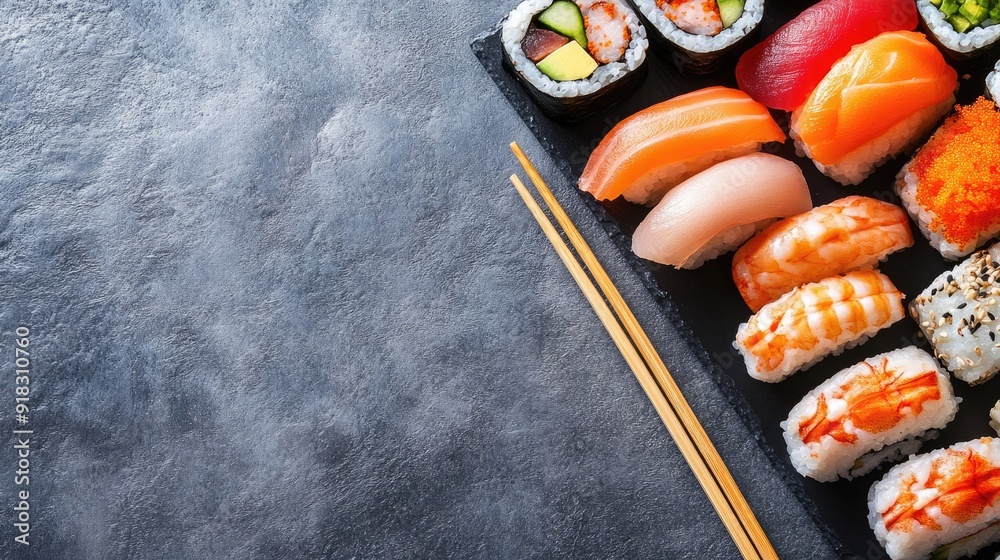 A flat lay of assorted sushi with chopsticks, with room for text or branding A flat lay of assorted sushi with chopsticks, with room for text or branding