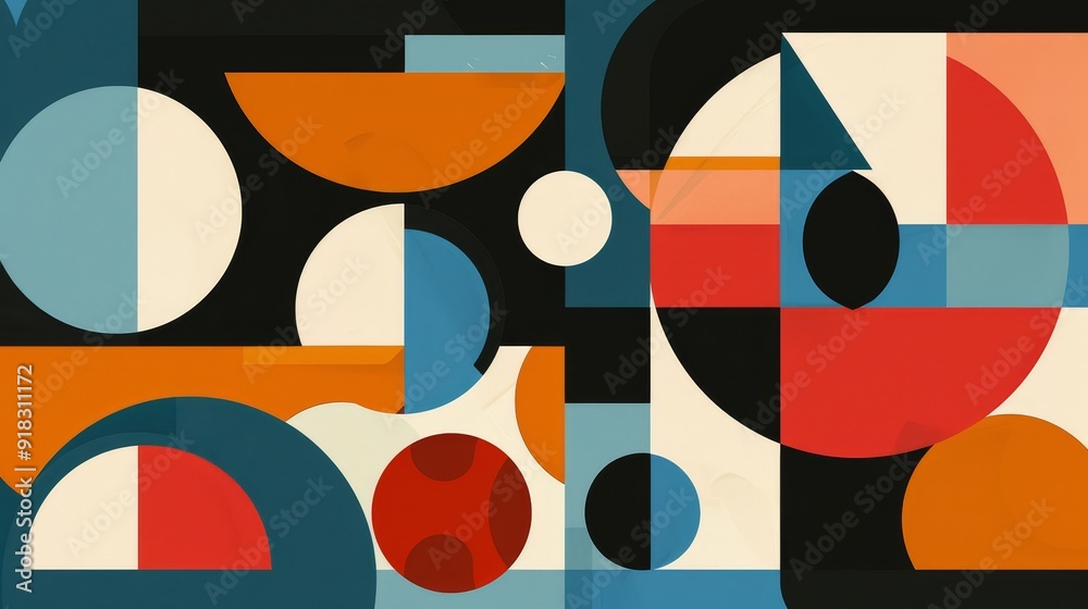 Abstract geometric shapes in warm and cool colors create a vibrant composition