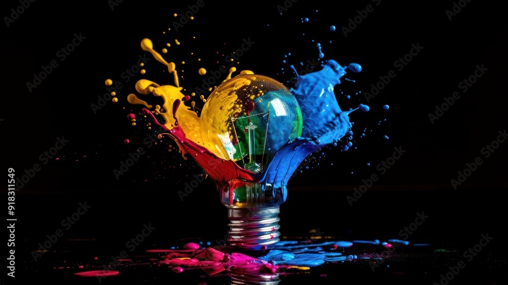 A light bulb made of colorful paint splashes. A light bulb made of colorful paint splashes.